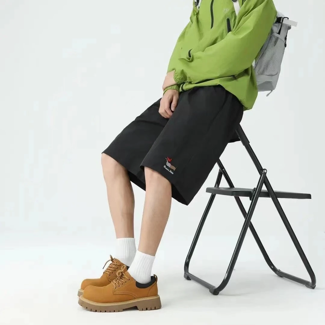 夏季100%锦纶小狗刺绣速干短裤五分裤直筒裤子中裤休闲裤运动抽绳