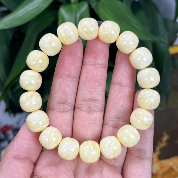 焦皮料老型奶白虎皮纹妖花浓蜡精工同料手串单圈纯天然原矿蜜蜡