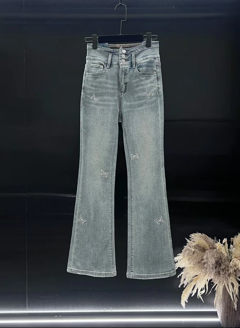 【微喇神裤】2025新款高端定制重工蝴蝶烫钻时尚轻奢牛仔裤
