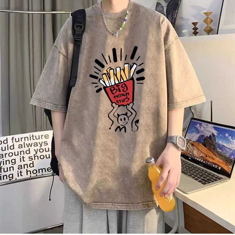 2025新款美式复古做旧水洗纯棉短袖t恤男夏季慵懒国潮宽松上衣