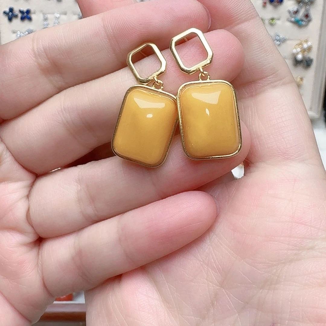 蜜蜡耳饰银S925镶嵌耳钉