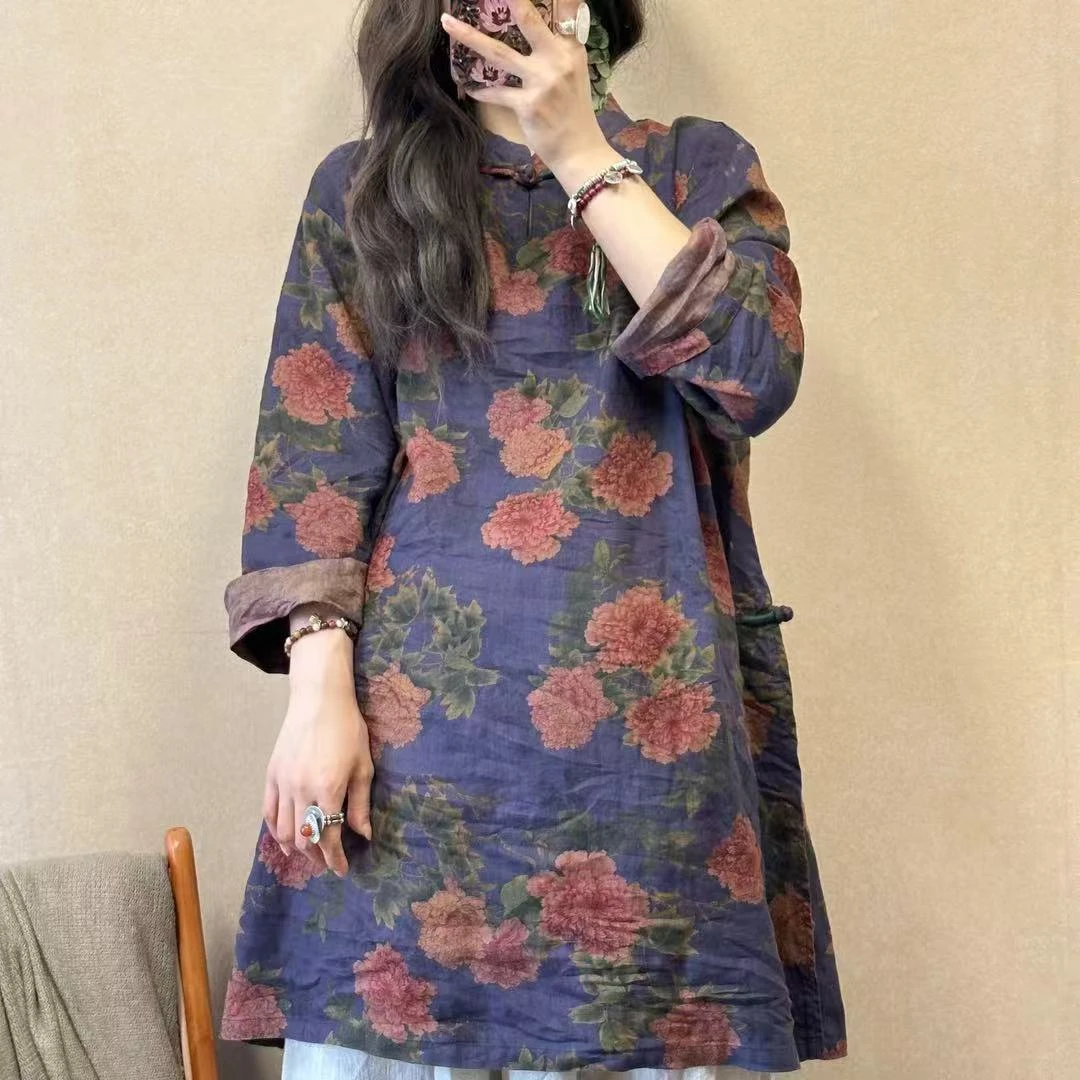 8673新款春秋季复古宽松百搭盘扣新中式文艺上衣印花休闲长袖外套