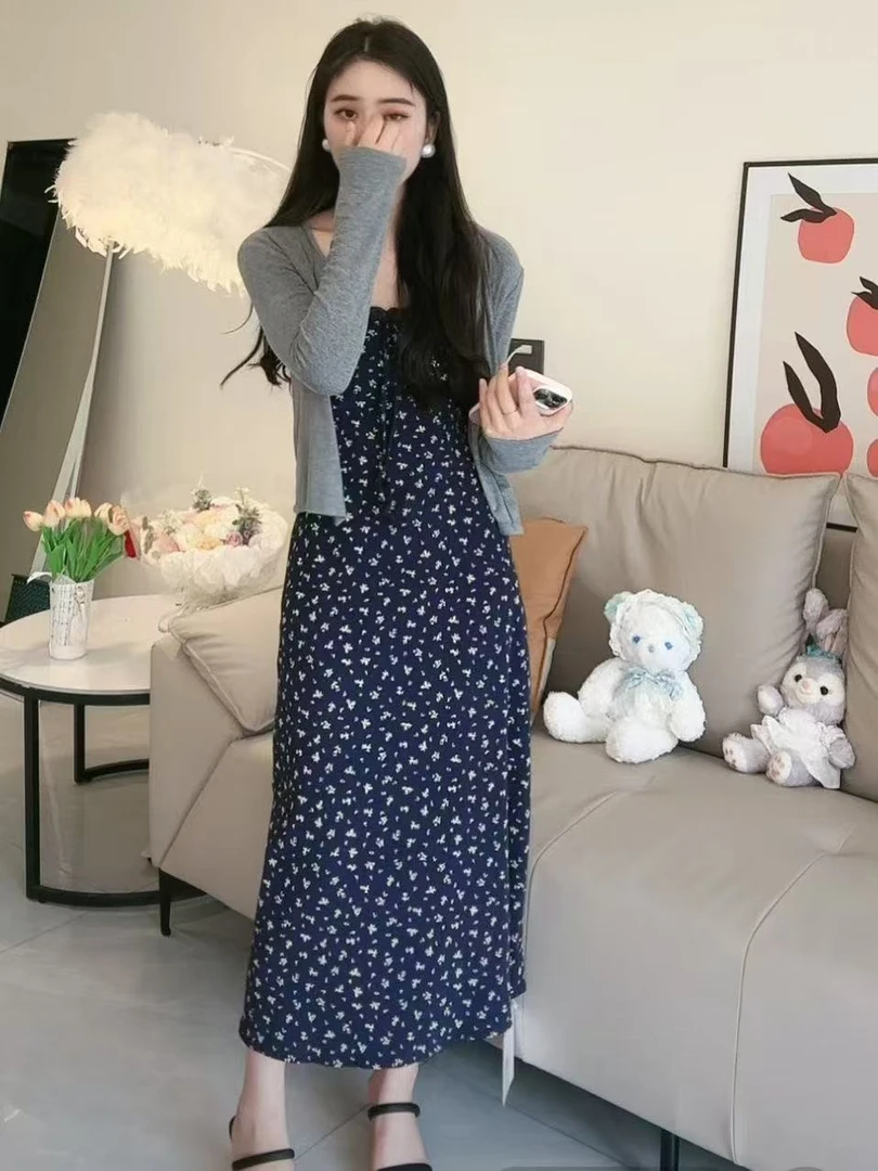 性感两件套夏季中长裙碎花吊带连衣裙+开衫女新款穿搭气质套装