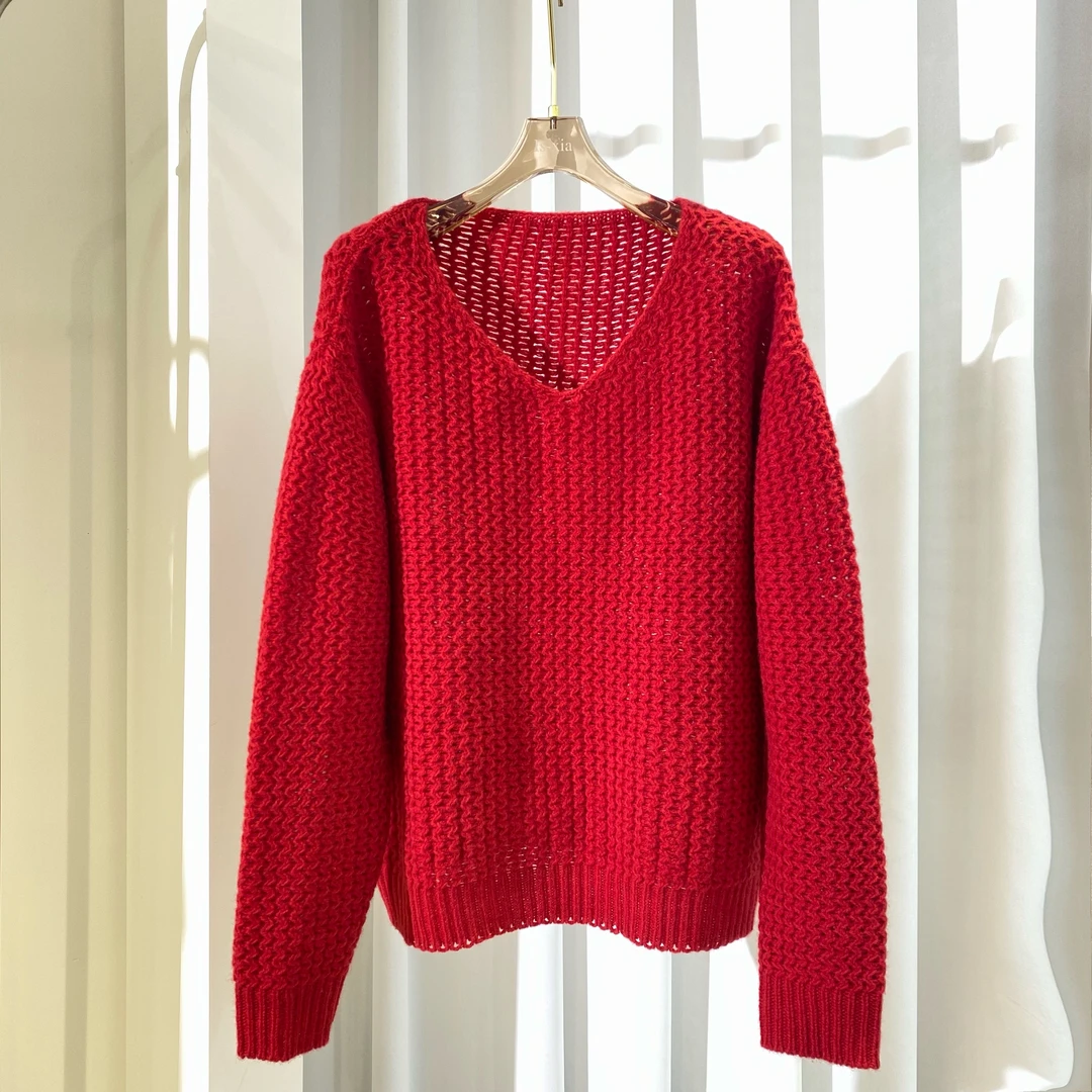 【花影】花针桃领气质高级简约羊毛毛衣红色时尚套头秋冬羊毛衫女