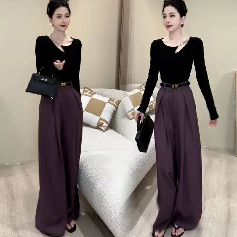 时尚套装女长袖秋季新款设计感夏季短袖T恤洋气西装阔腿裤两件套