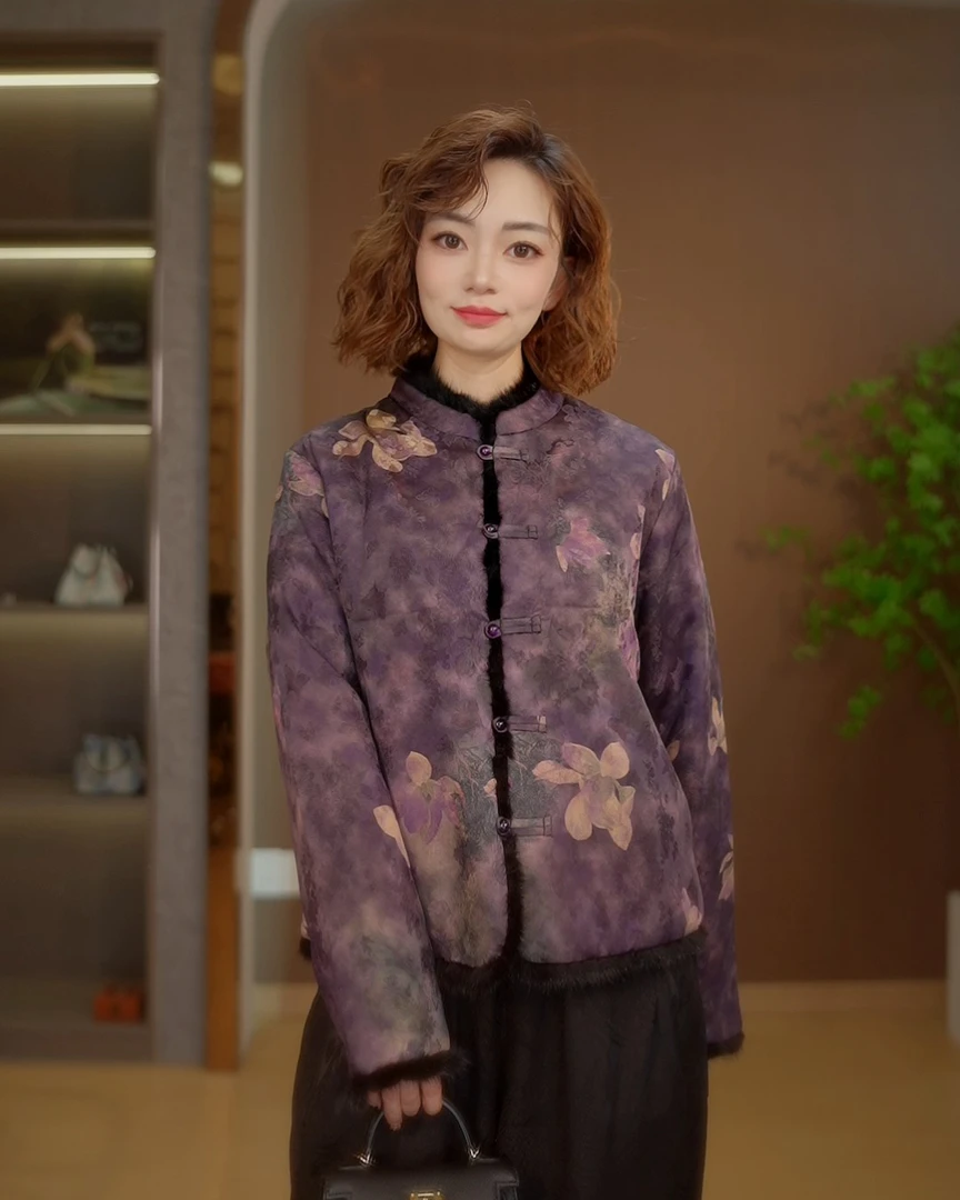 【俏悠然】B080秋冬新中式双面穿短款外套国风花卉直襟圆领长袖上衣