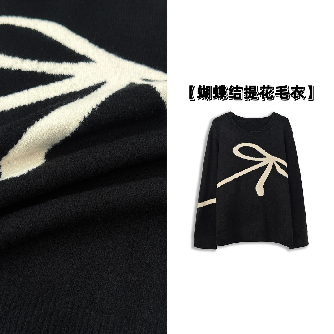 微胖女装【悸动】高级感蝴蝶结提花毛衣秋冬新款简约上衣22535