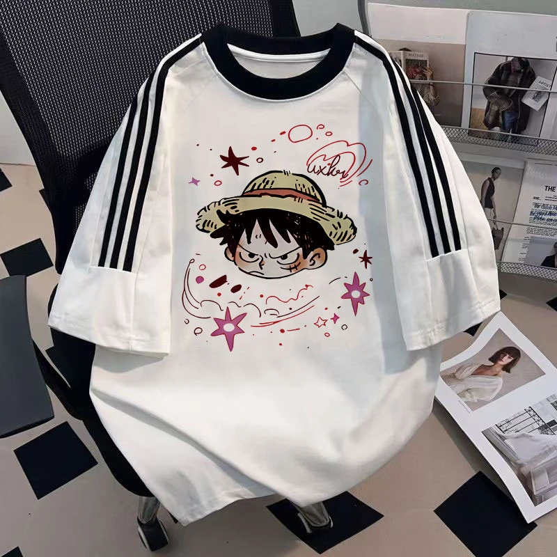夏季新款卡通潮流草帽男女童三条杠短袖t恤中大童休闲学院风上服