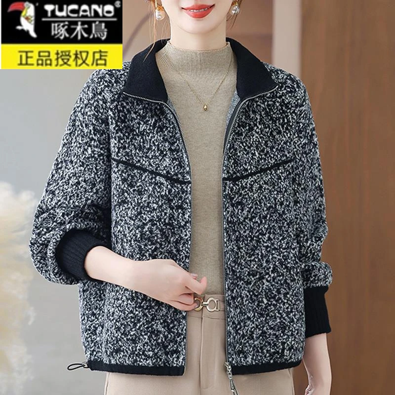 啄木鸟秋冬新款中老年妈妈宽松毛呢外套女休闲大码拉炼双面针