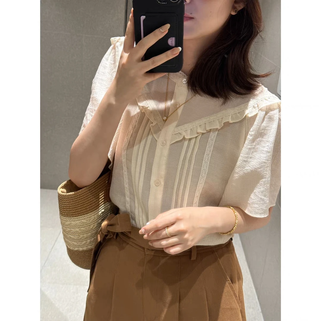 SS251519  木耳边压褶短袖衬衫