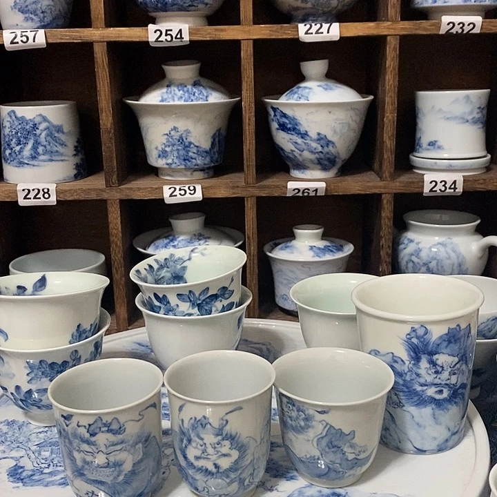 罩*隆釉下青花瓷器微瑕杯4个