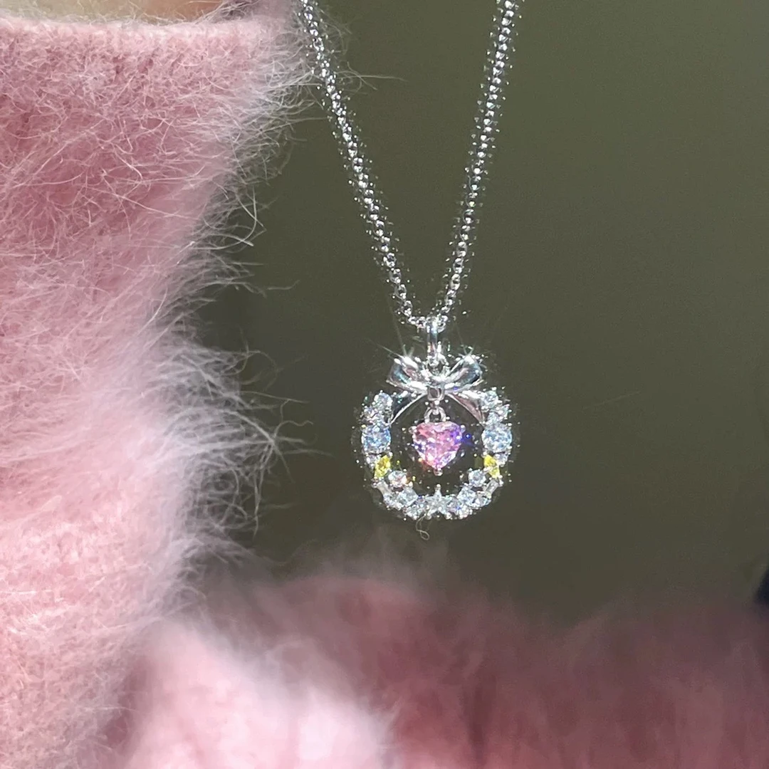 钛钢项链 爱之花环蝴蝶结爱心项链百搭链简约气质锁骨链F597