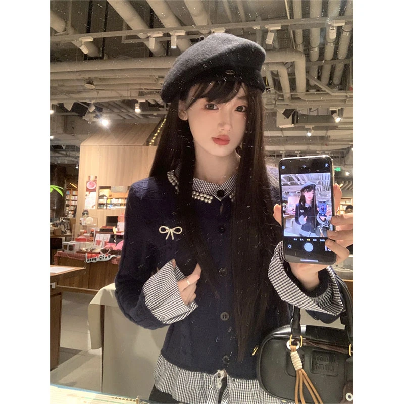 2025秋季新款假两件拼接毛衣针织别致木耳边上衣百搭休闲裤两件套