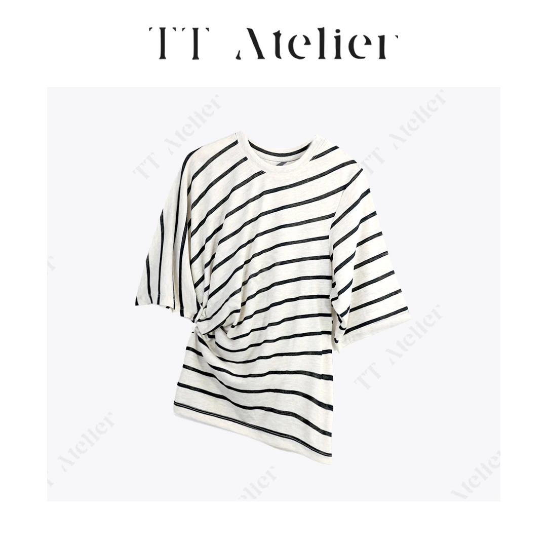 TT设计师【山雾】No退No换 设计感不规则条纹短袖t恤TT190218