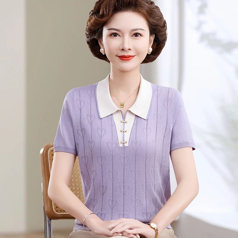 2025新款中老年女装夏季冰丝短袖T恤时尚小衫妈妈装亲肤上衣905