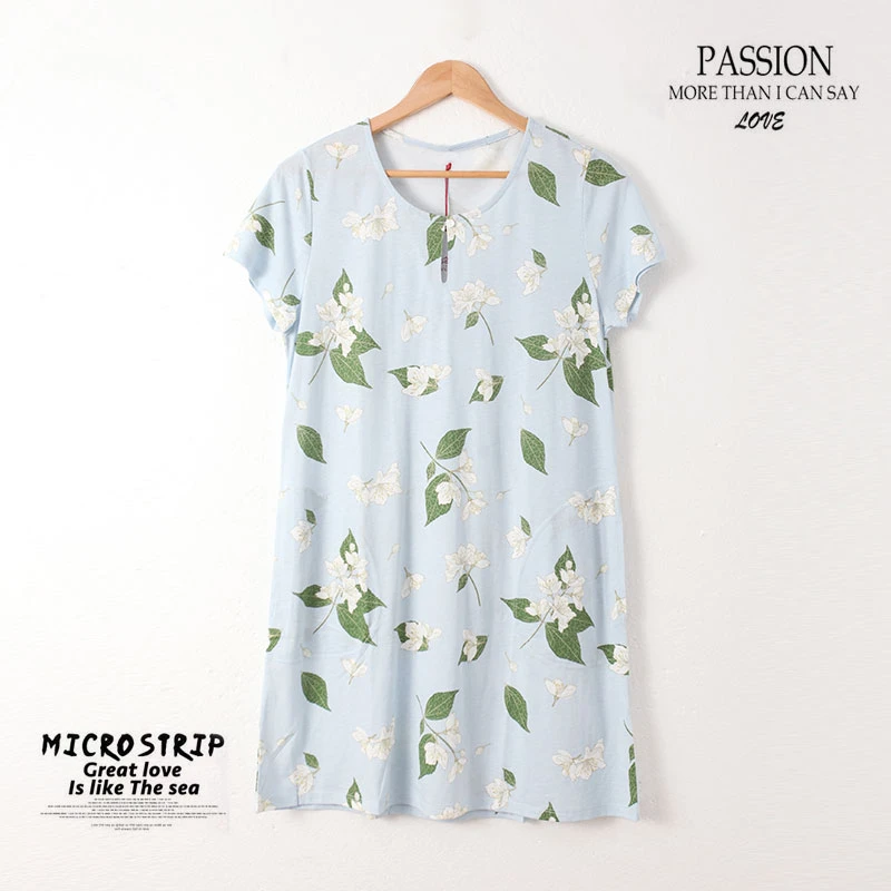 春夏款女士简约家居裙中长款短袖睡裙柔软舒适00341宽松透气