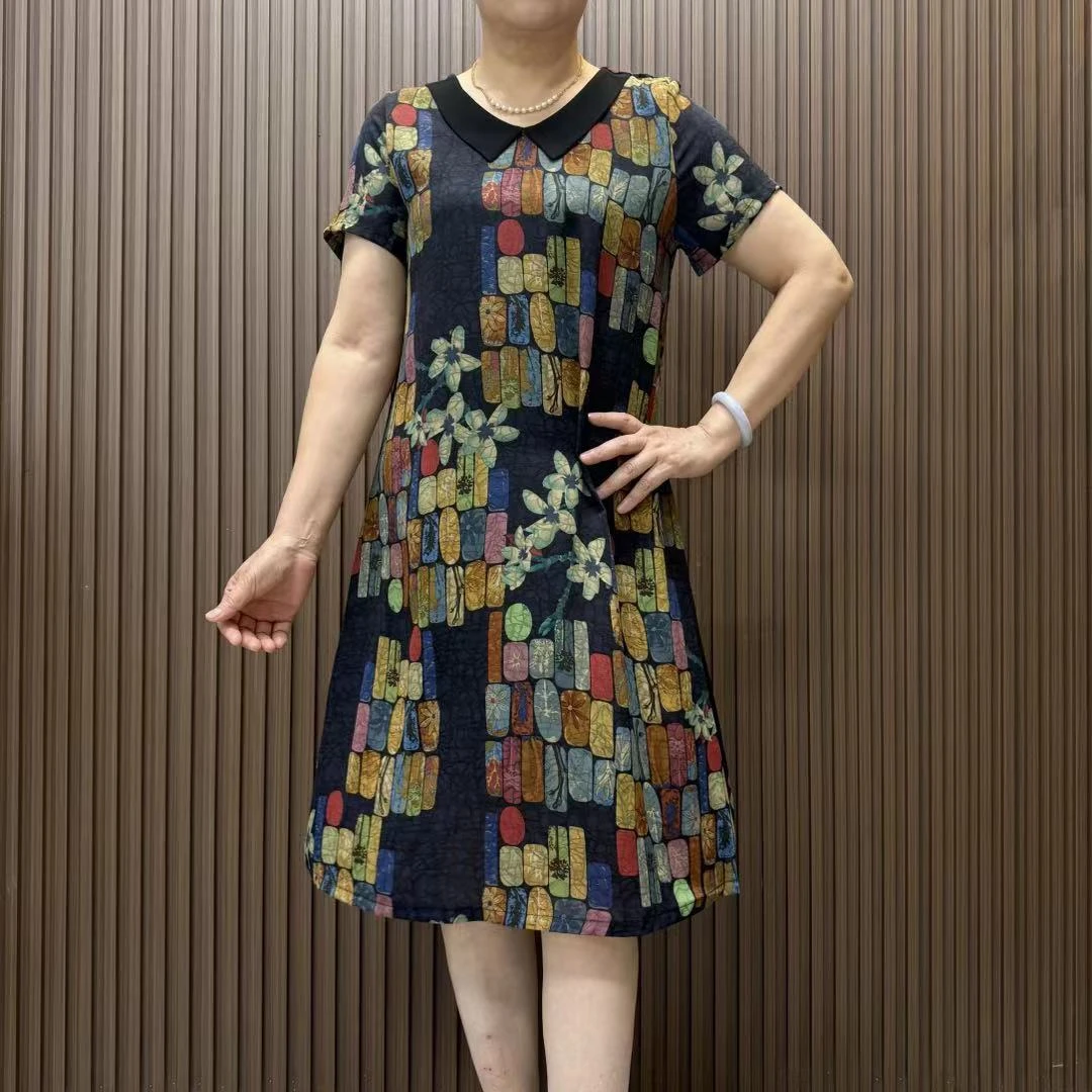 夏季时尚洋气气质复古大码印花娃娃领中长款中老年妈妈装连衣裙