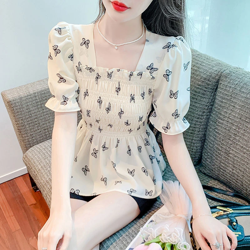 法式方领夏季雪纺衫不露背蝴蝶上衣收腰遮肚子年轻短袖衬衫显瘦