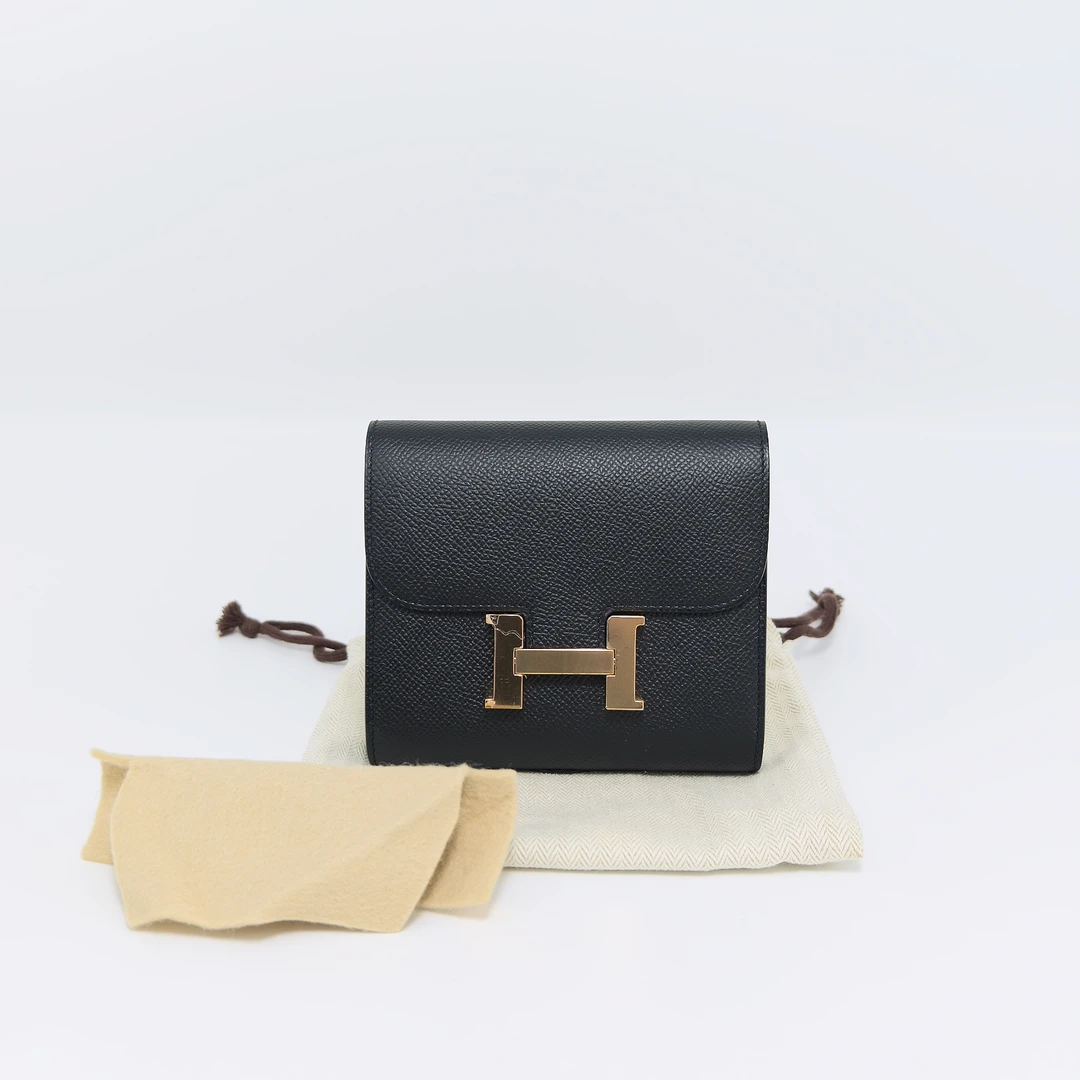 99新 Hermes/爱马仕 黑金康康短款钱包61346