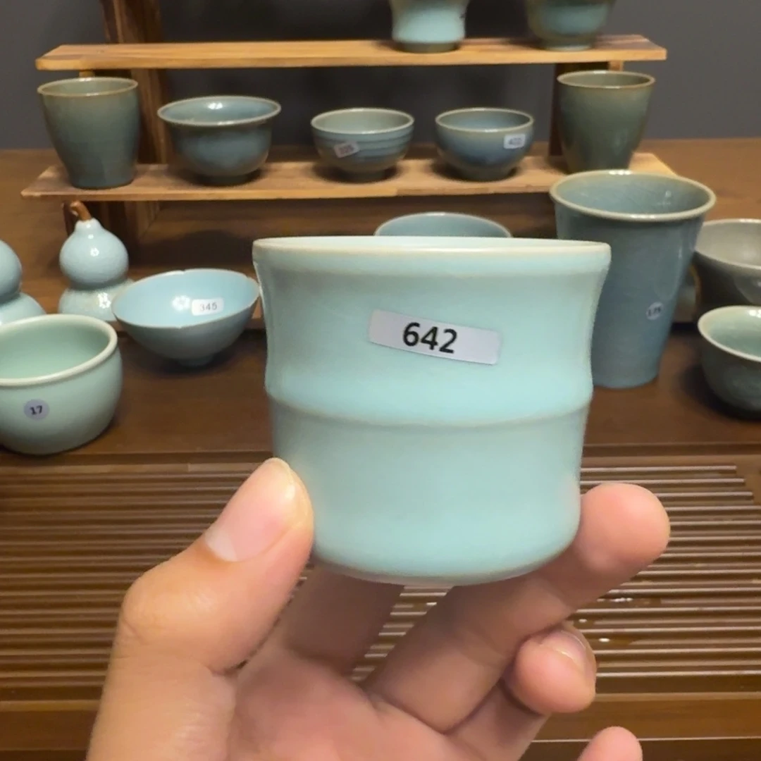 摆件一级仿古天青竹节杯