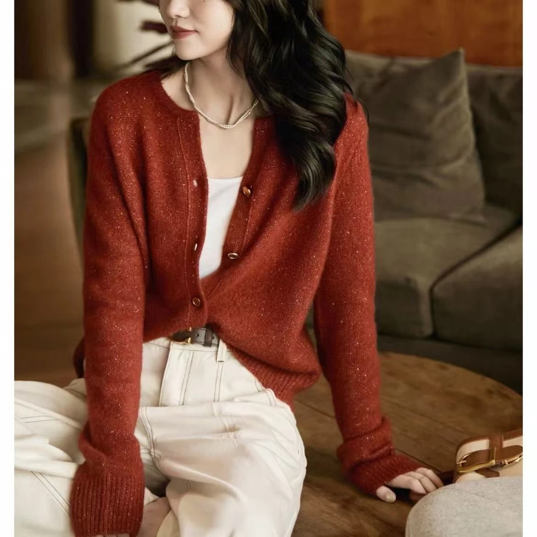 【美久仟】细闪！绵羊毛金葱圆领针织开衫女