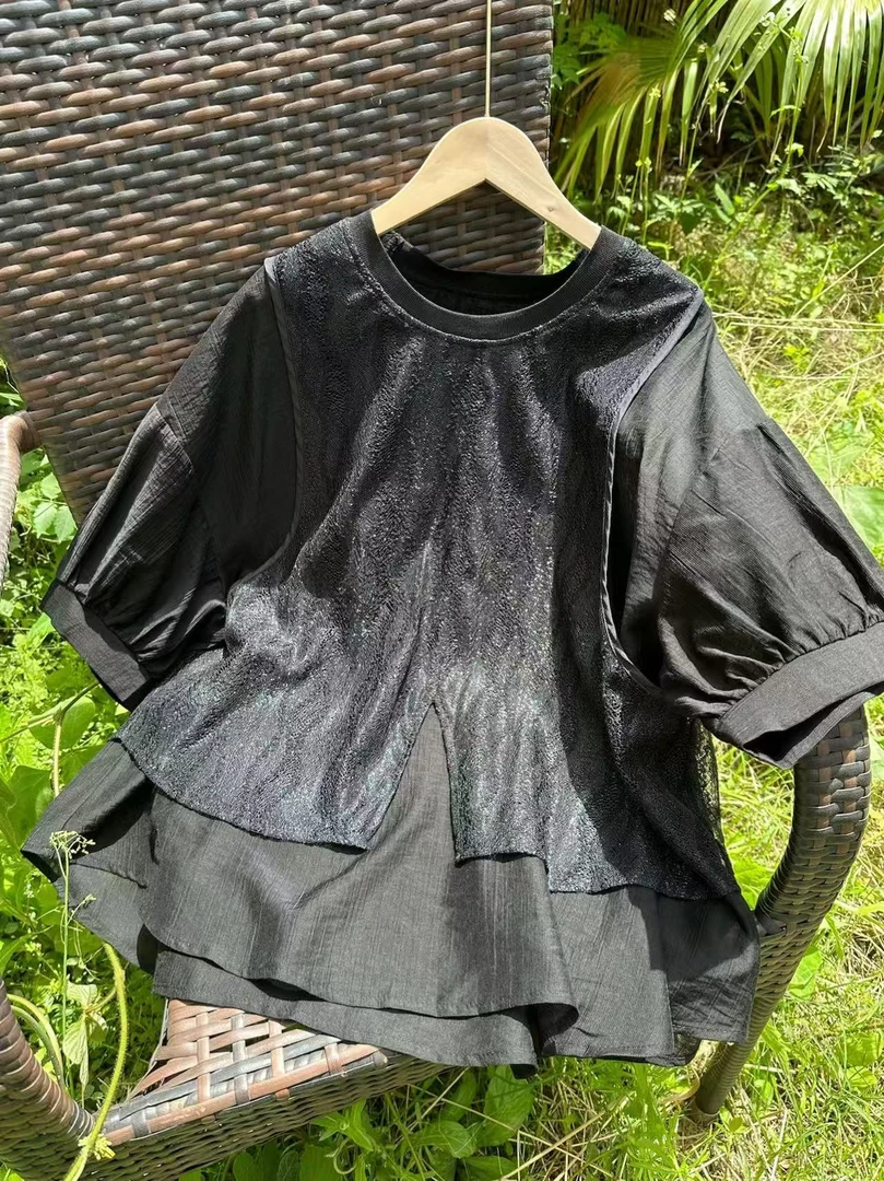 2025夏季新款大码女装设计感宽松减龄假两件蕾丝背心套头短袖小衫