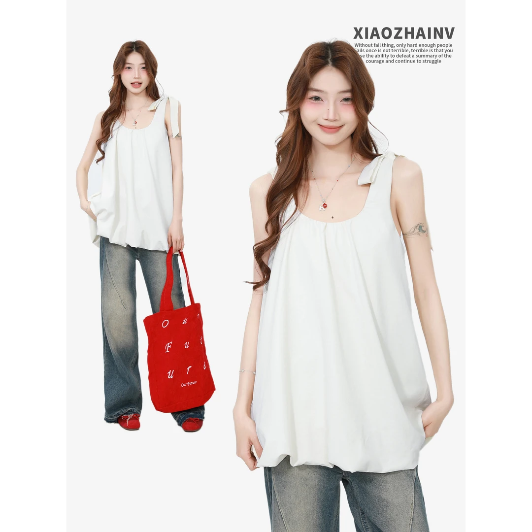 法式气质u领花苞吊带背心夏季2025新款小个子气质蓬蓬无袖上衣女