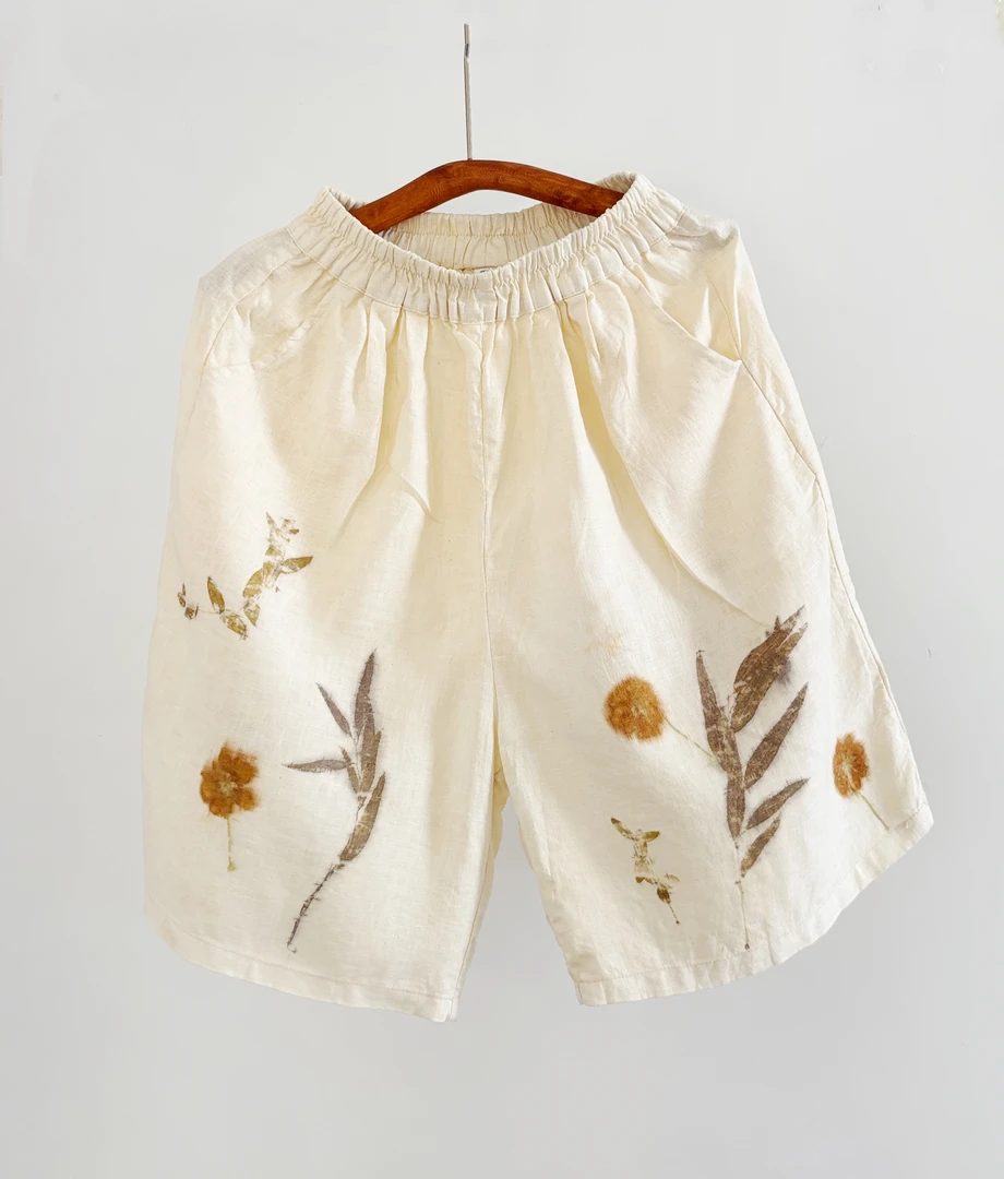 【亚麻短裤热转印】植物染色，文创产品，手工非遗