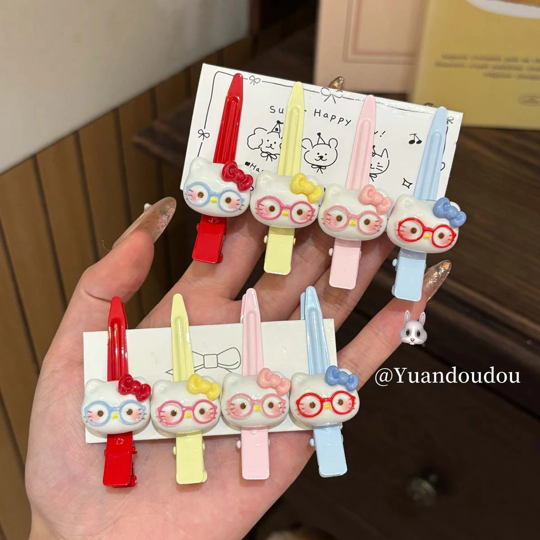 可爱卡通眼镜kt猫日系刘海侧边夹甜美发夹少女鸭嘴一字发饰夹子