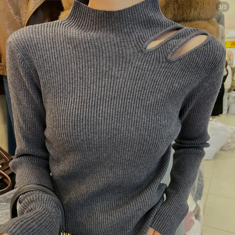 韩系灰色镂空设计感小众显瘦针织衫女秋冬半高领内搭长袖打底上衣