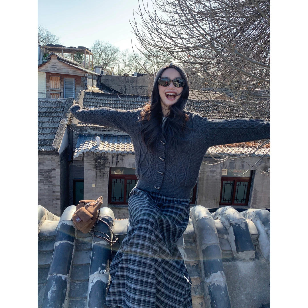 pusumede复古格子半身裙高腰宽松a字裙中长款伞裙PSQ22928-Q