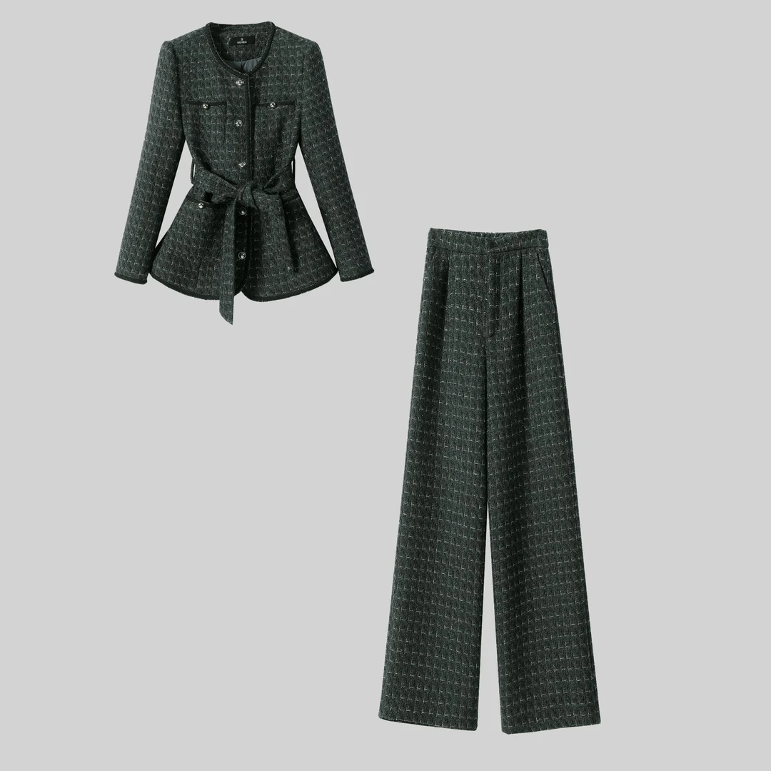 【纪朵研】Y035加厚款小香风时尚套装女装高腰复古套装秋冬阔腿裤女