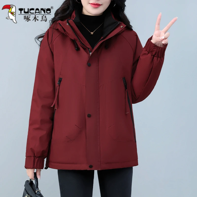 啄木鸟棉服女2025年新款冬季防风保暖棉衣中年妈妈加棉加厚冲锋衣
