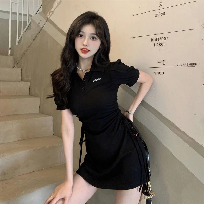 polo领连衣裙女夏季2025新款抽绳收腰修身显瘦甜辣纯欲风短袖裙子