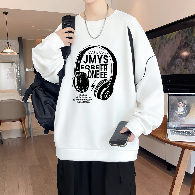 春秋季新款男生宽松潮流上衣圆领套头休闲卫衣秋款印花长袖打底衫