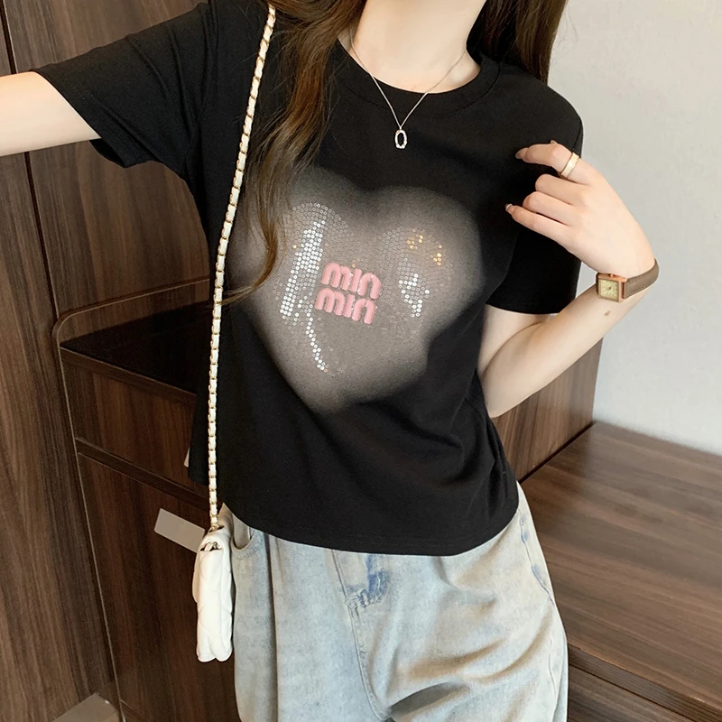 【运费补贴】夏款胖mm大码女时尚百搭显瘦爱心字母印花短袖T恤A0501