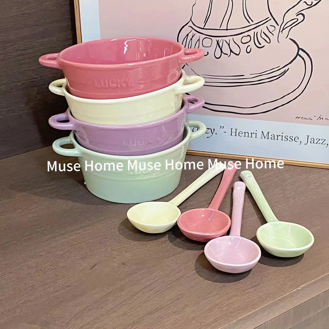 奶油风简约陶瓷少女心甜品碗勺网红双耳碗小汤碗釉下彩餐具