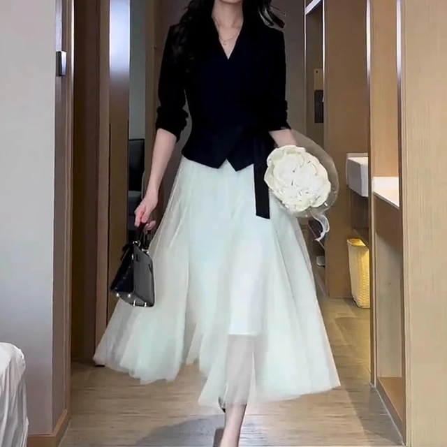 高级感气质拼接西装连衣裙女2025春秋新款洋气女装收腰半身裙