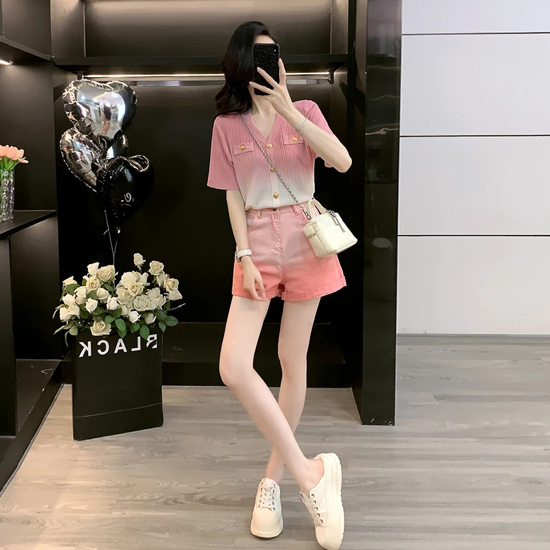 盐系穿搭一整套时尚休闲套装女夏洋气减龄渐变针织短袖短裤两件套