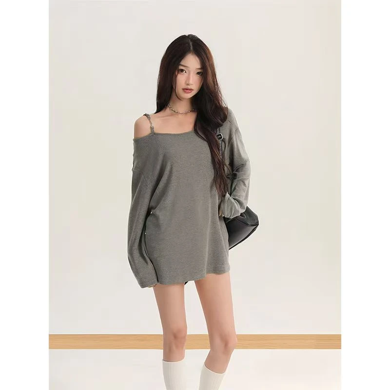 新款春秋新款法式打底衫女内搭宽松设计气质显瘦露肩长袖上衣女