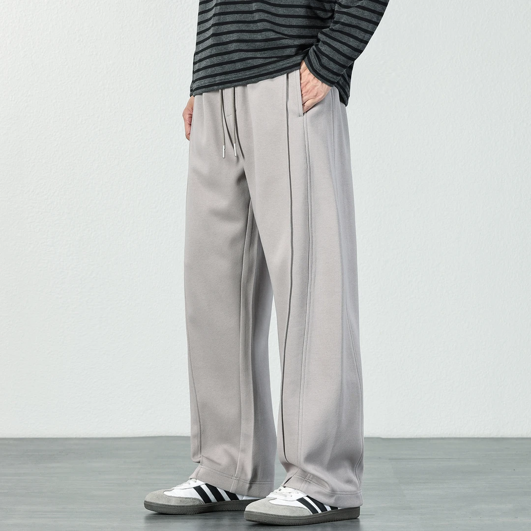 宽松大码卫裤男士秋冬新款松紧腰抽绳休闲裤慵懒风直筒阔腿长裤子