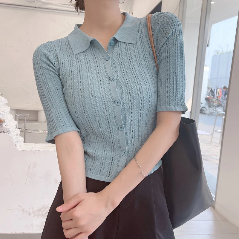 T恤曲珠针织短袖条纹麻花POLO短袖上衣女2110498