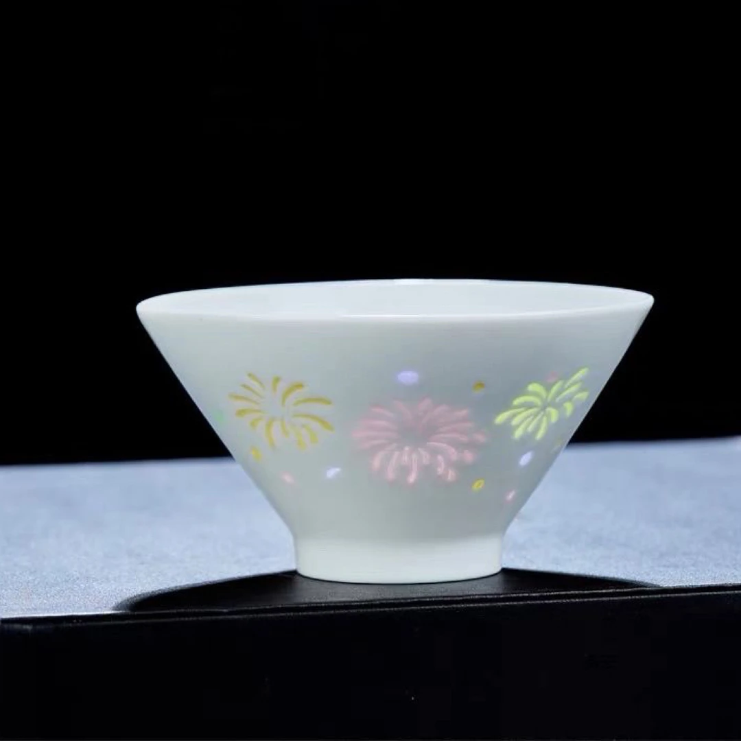 景德镇七彩烟花玲珑碗轻奢高级感家用高端斗笠碗单个饭碗高白瓷