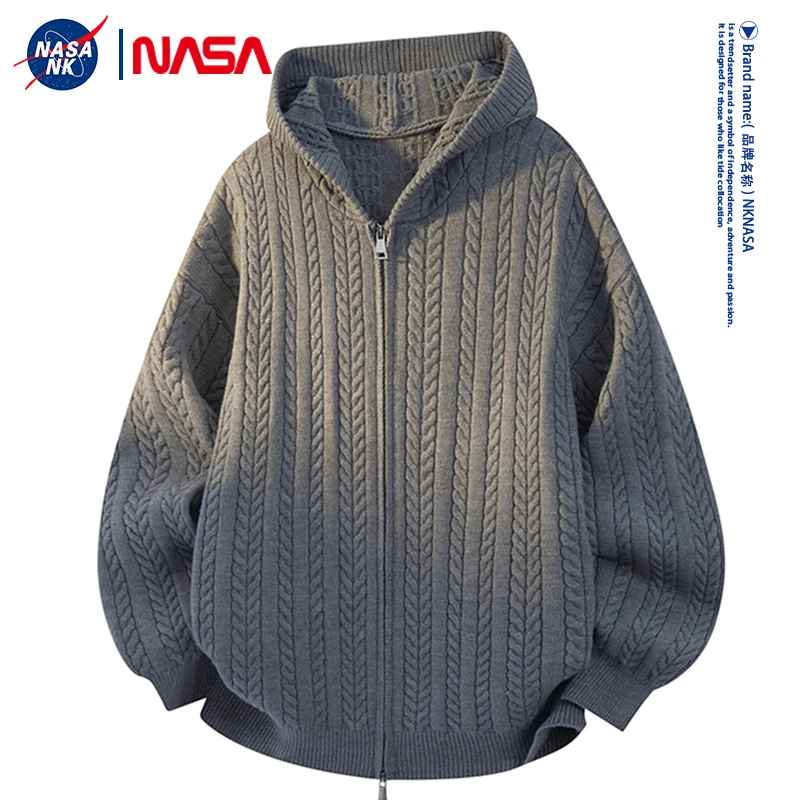 NASA联名秋冬季休闲开衫毛衣男士针织衫简约舒适百搭连帽潮牌外套
