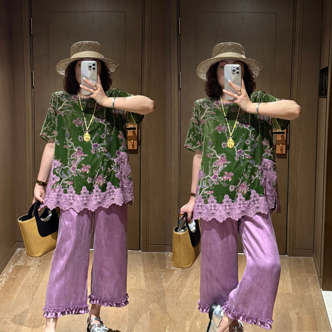 YDFSTUDIO小众【炫彩巴黎】高品刺绣蕾丝烧花设计上衣+裤子套装