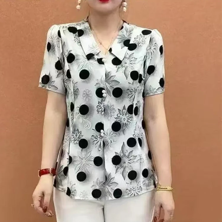 2025夏季新款时尚百搭宽松休闲翻领小花朵衫气质减龄妈妈装女上衣