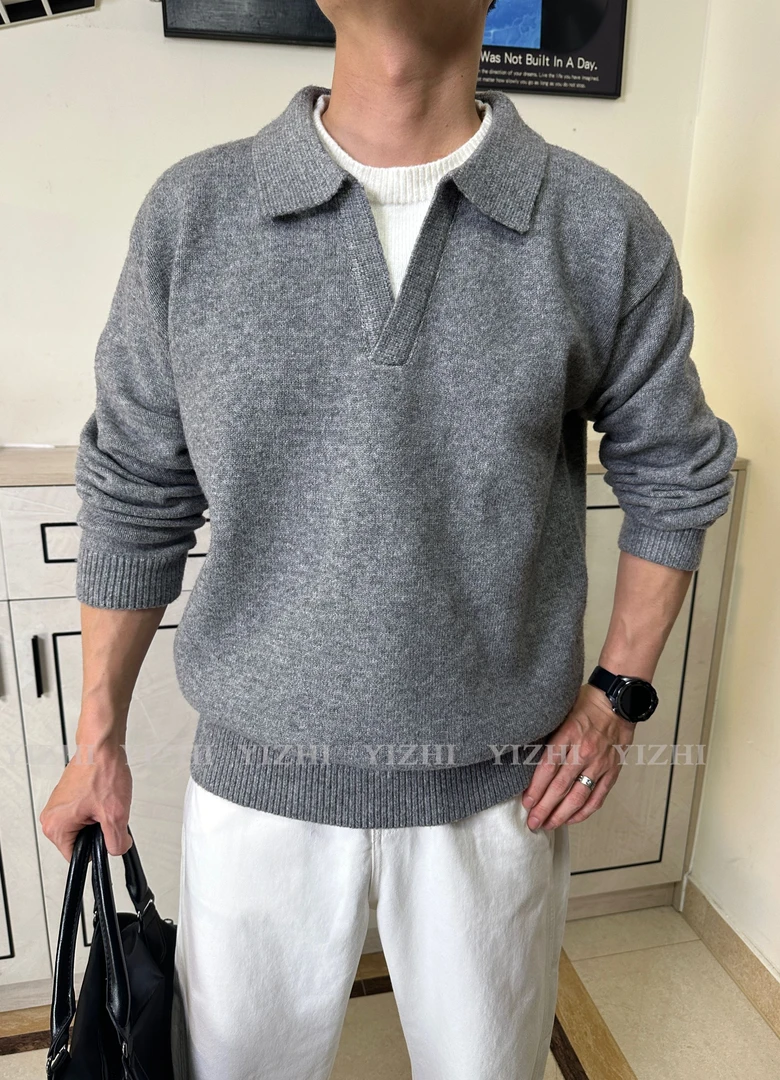 【温雪-城市系列】2025秋冬季丝光羊毛老钱风假两件POLO针织衫男款
