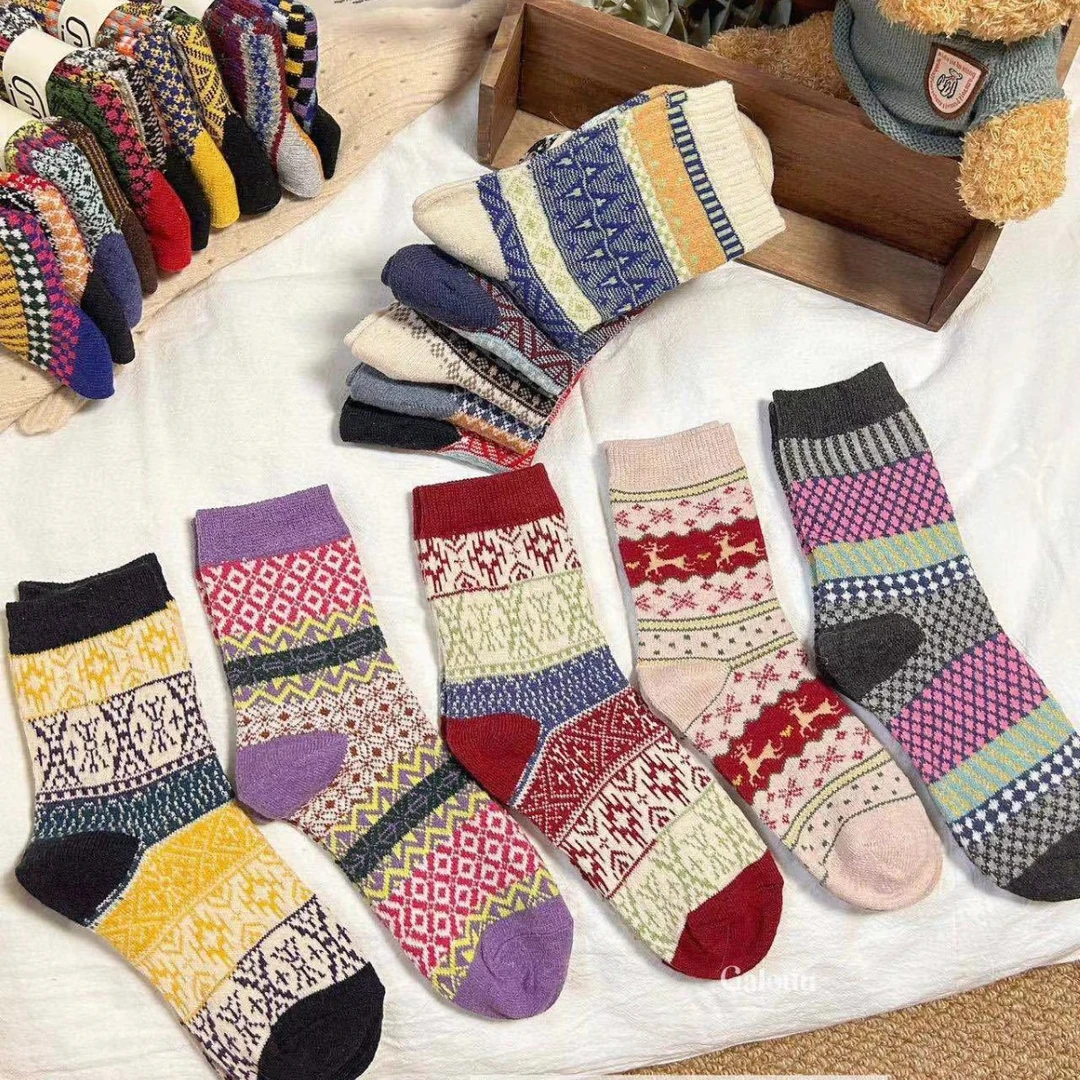 梦若专属【五双装】新款Galouu复古图腾袜高舒适保暖袜复古袜加厚