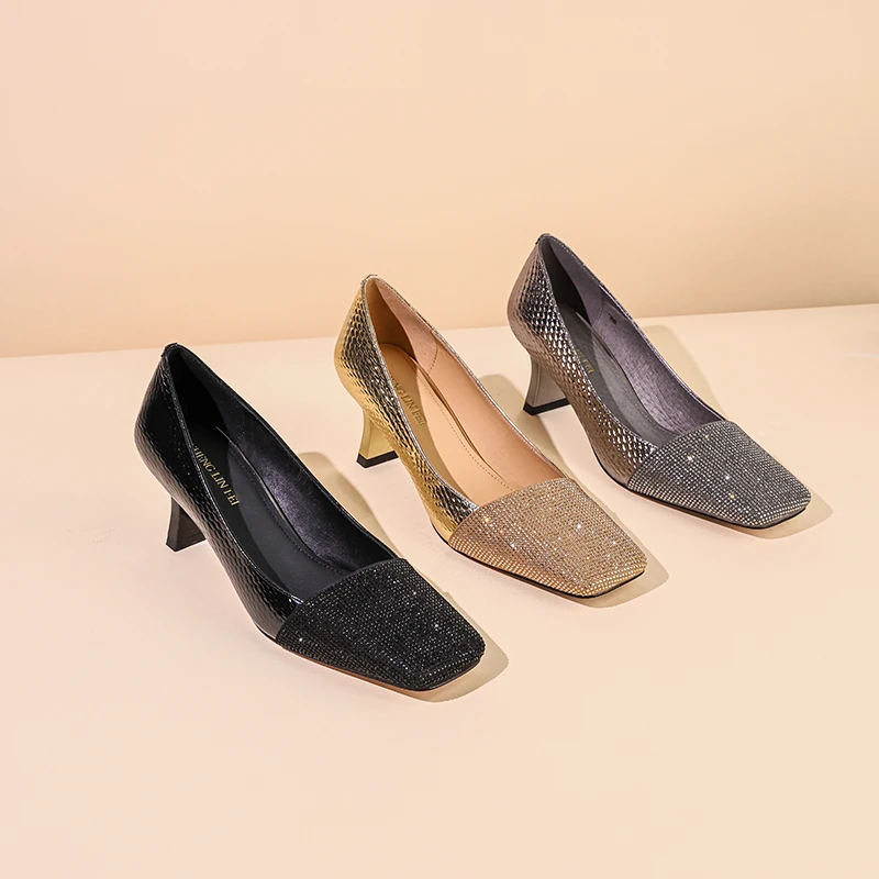 圣琳妃/牛皮/5CM时尚气质方头高跟浅口真皮单鞋女百搭水钻D20032