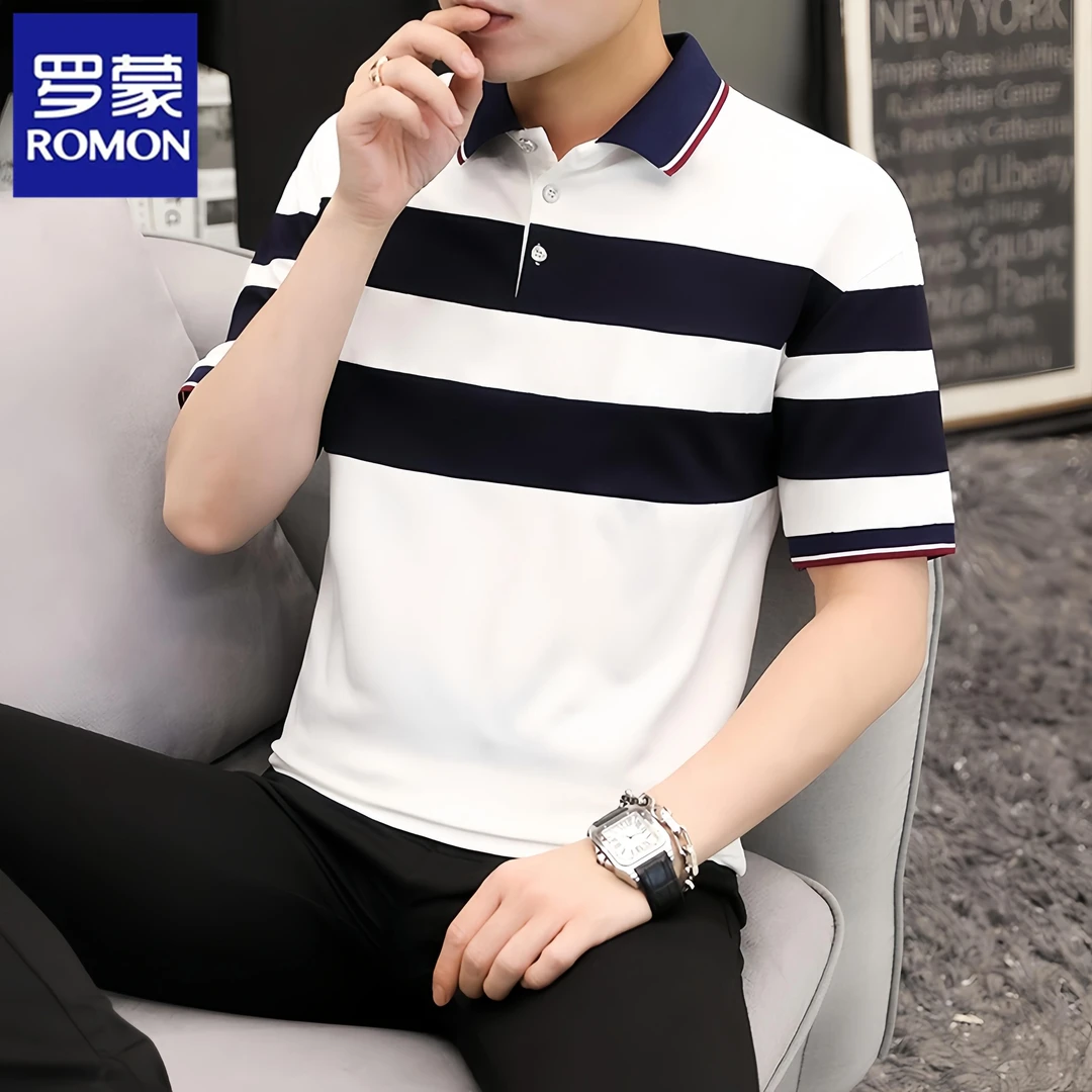 Romon/罗蒙男士条纹短袖polo衫韩版翻领夏季薄款t恤休闲百搭体恤